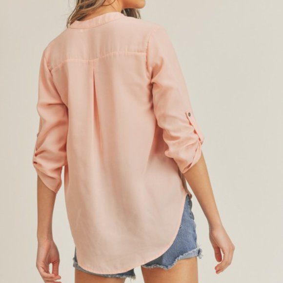 3/4 Tab Sleeve Blouse V Neck Sheer Lightweight Pink Yellow - Picture 5 of 6